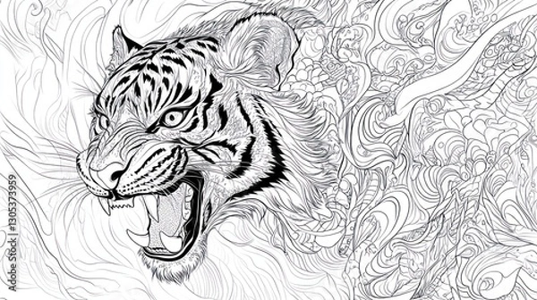 Fototapeta Tiger portrait, abstract background, art, graphic design, coloring book