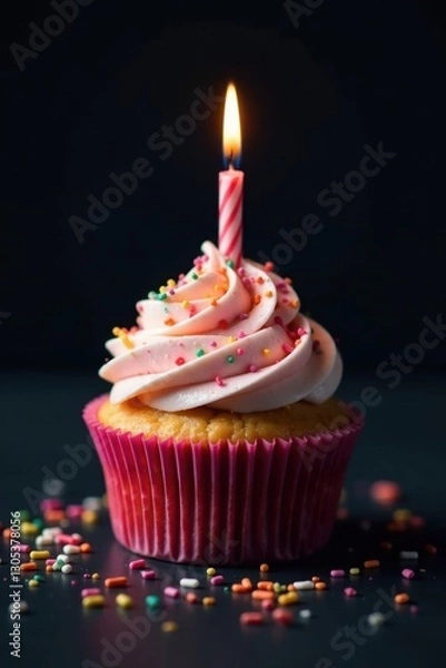 Fototapeta A single, richly frosted cupcake, adorned with vibrant sprinkles and a flickering candle, set against a deep black backdrop , photography, baking