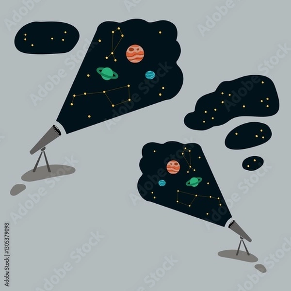 Fototapeta Illustration of two telescopes projecting cosmic images with planets, constellations, and stars, blending reality with imagination. A minimalist and conceptual design, perfect for themes 