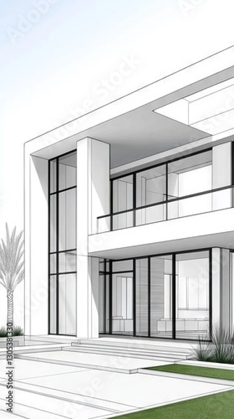 Fototapeta Modern house architectural sketch, outdoor view, palm trees, driveway