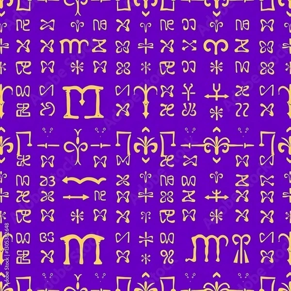 Fototapeta Mystical Symbols on Purple Background: A seamless pattern of cryptic, golden symbols and signs adorns a vibrant purple backdrop, hinting at ancient wisdom and esoteric secrets.