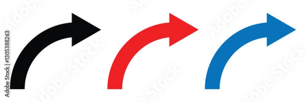 Fototapeta Black, blue and red arrows pointing right. Vector curved arrow icon.