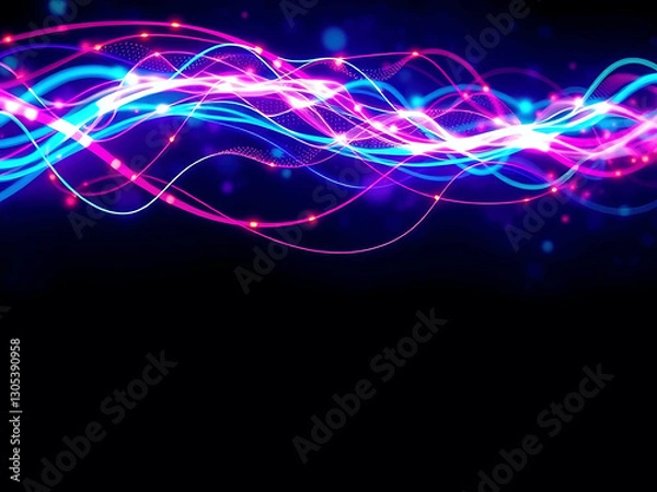 Fototapeta A dynamic abstract digital artwork featuring neon electric light waves in vibrant blue, pink, and red tones against a dark background, creating a futuristic and energetic visual.