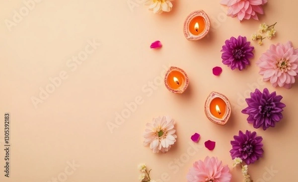 Fototapeta Glowing diyas, vibrant petals adorning light orange backdrop, capturing festive diwali spirit with warm, inviting composition and ample space