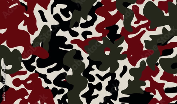 Fototapeta Vector illustration of abstract camouflage fabric design with a mix of black, white, green, maroon. Camouflage texture natural soft colors background, wallpaper. For hunting and military purposes. 