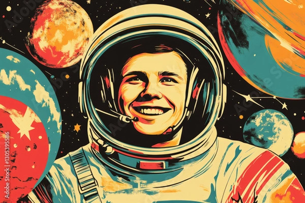 Fototapeta A retro-styled poster featuring a smiling astronaut with planets and stars, celebrating Cosmonautics Day, perfect for honoring the first human in space