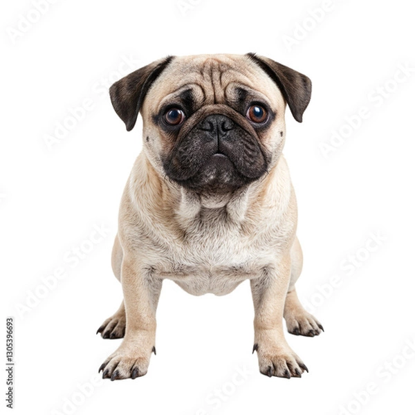 Fototapeta Adorable pug with wrinkled face and round eyes exuding charm and playfulness on a white background