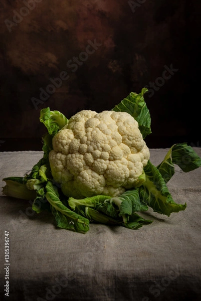Fototapeta View of a white cauliflower with leaves on a tablecloth, dark background, vertical with copy space