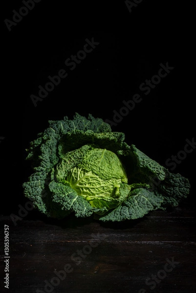 Fototapeta Close-up of green cabbage on table and dark background, vertical with copy space