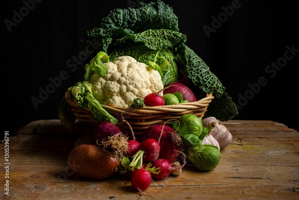 Fototapeta View of basket with cauliflower, cabbage, potatoes, radishes and garlic on black background table, horizontal with copy space