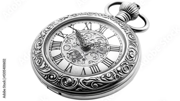 Fototapeta Vintage Silver Pocket Watch with Intricate Design and Roman Numerals Displaying Time in Classical Elegance and Charm