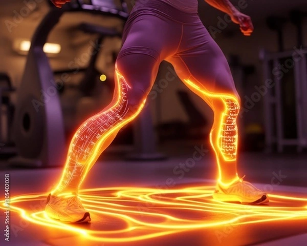 Fototapeta Woman's legs exercising in gym with glowing tech overlay