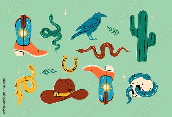 Fototapeta Wild West and Cowboy concept. Vector set of the various objects and design elements, boots, cactus, snake, hat, camper in hand drawn colored style