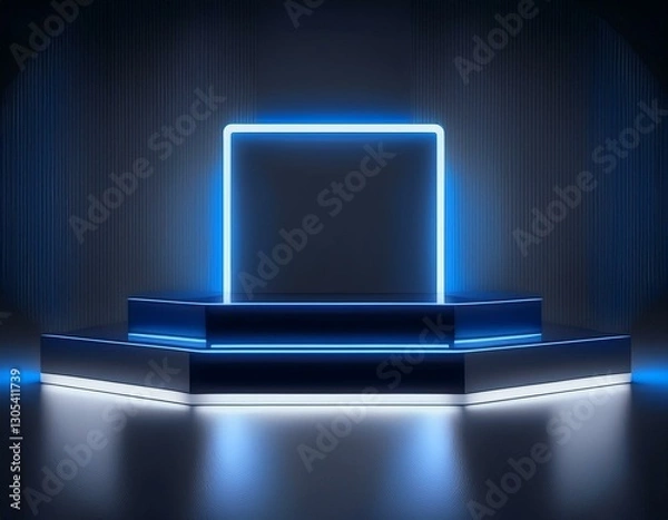 Obraz Dark and white light neon podium display stage for a product, Square shape with technology and game concepts, Pedestal for display, Platform for design, 3D rendered black geometric product stand.