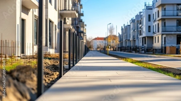 Obraz Modern residential area with new sidewalks, buildings, and clear blue sky in the background