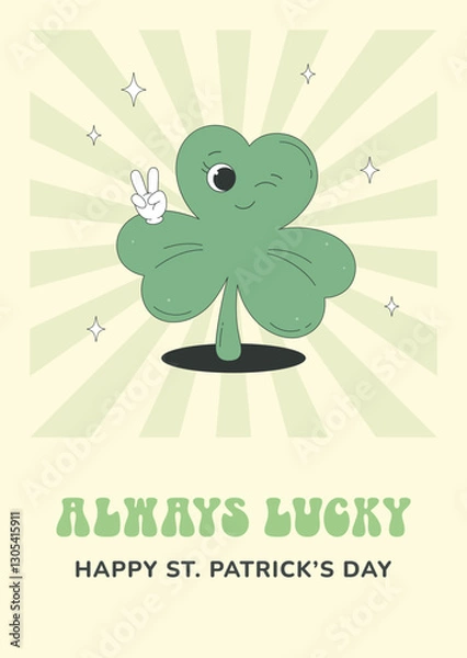 Fototapeta Cute shamrock character in retro 60s, 70s style. St. Patrick's Day greeting card, groovy poster.
