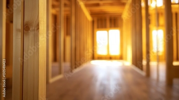Fototapeta Interior view of a wooden frame construction site with sunlight streaming through windows