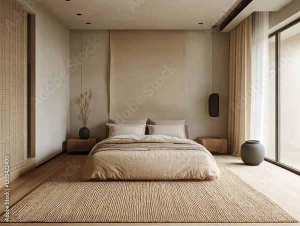 Fototapeta A modern bedroom with beige color scheme and natural elements