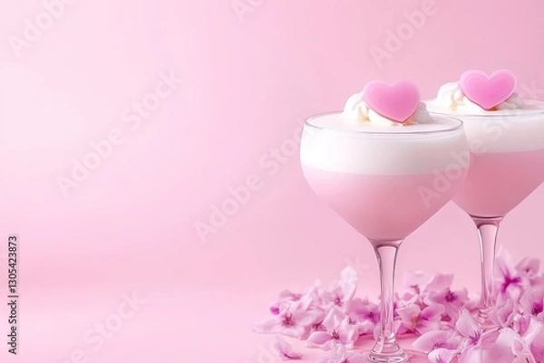 Obraz Romantic pink cocktail topped with whipped cream and heart-shaped decoration, creating a perfect drink for Valentine's Day, love celebrations, or wedding themes.