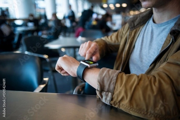 Fototapeta Individual checks smartwatch in modern cafe while engaging in daily activities during daytime