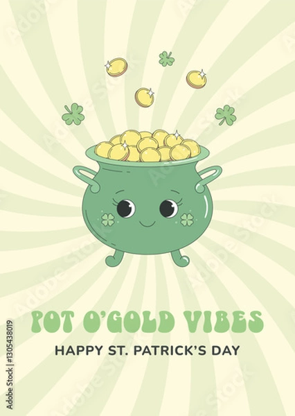 Fototapeta St Patrick's Day greeting card, poster. Cute pot of gold character in groovy retro style.