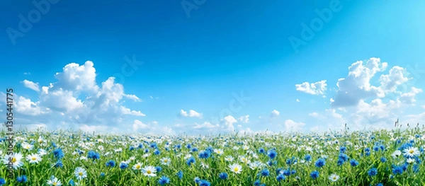 Obraz beautiful spring meadow with wildflowers and blue sky. panoramic view,