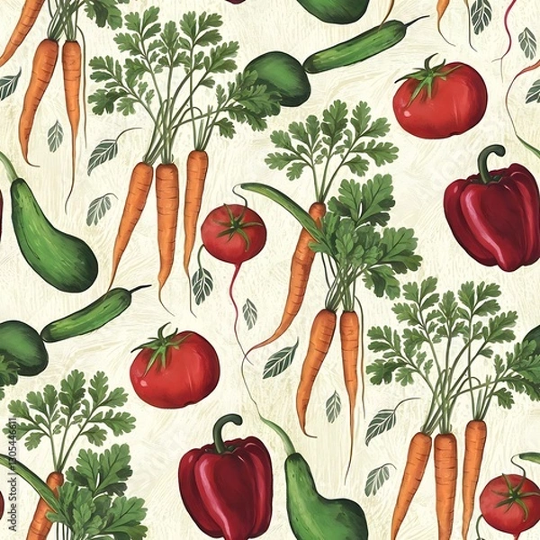 Fototapeta Vibrant vegetable seamless pattern with carrots tomatoes and peppers red food farm diet green fresh