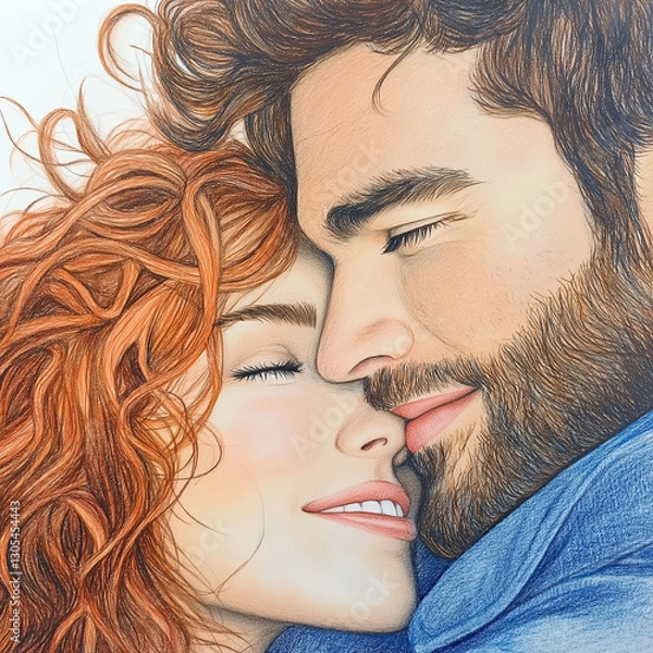 Fototapeta  Cozy drawing of a couple embracing with closed eyes, tenderness and love