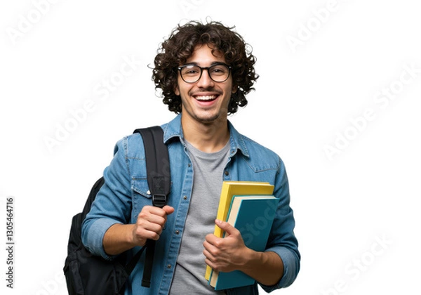 Fototapeta A happy young male student with holds a stack of books in his arms isolated on transparent background
