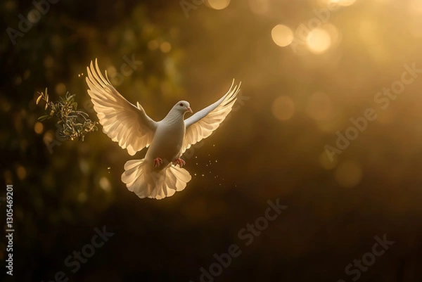 Obraz A beautifully illuminated white dove in mid-flight, gracefully carrying an olive branch in its beak.