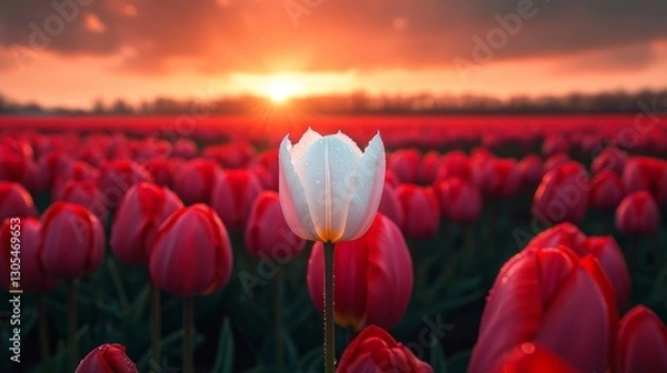Fototapeta White tulip growing in a field of red tulips during a beautiful sunset, representing uniqueness, individuality, and standing out from the crowd