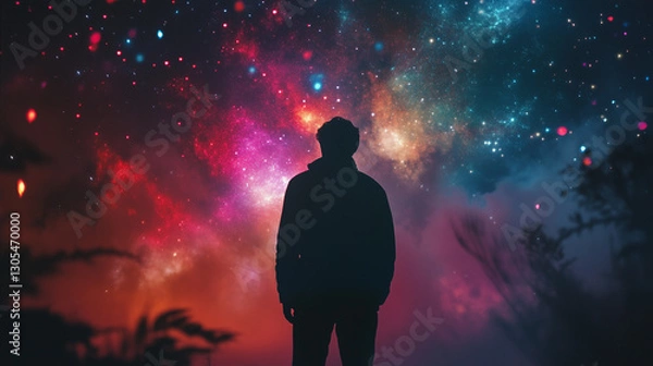 Fototapeta Landscape with colorfull acid Milky way galaxy and man silhuette looking at the sky.Generative AI.
