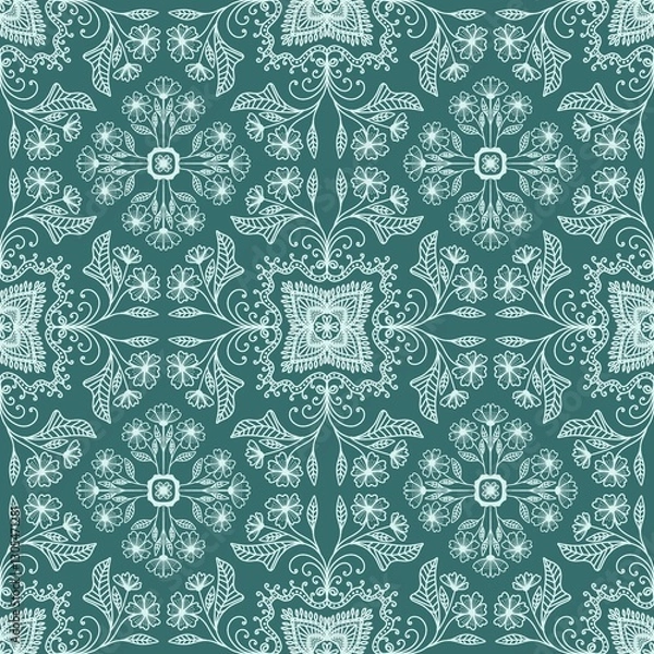 Fototapeta Seamless geometric florals pattern on green background 
