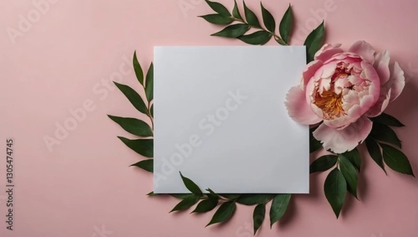 Fototapeta Delicate Mother’s Day Template with Peony Flower Wreath and Spacious Copy Area

