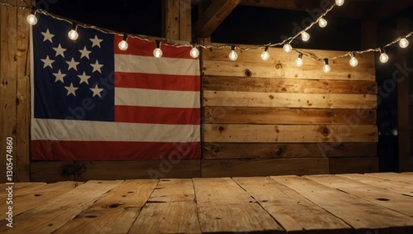 Fototapeta Subtle Festivity: Wood Surface with Faint Flags and Glowing Lights in the Distance

