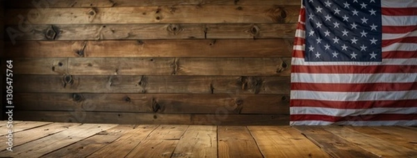 Fototapeta Patriotic Scene with Natural Wood Foreground and Softly Faded American Flag Backdrop

