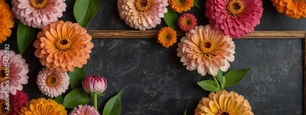 Fototapeta Floral Frame of Pink and Orange Zinnias with Happy Mother’s Day Text on Chalkboard

