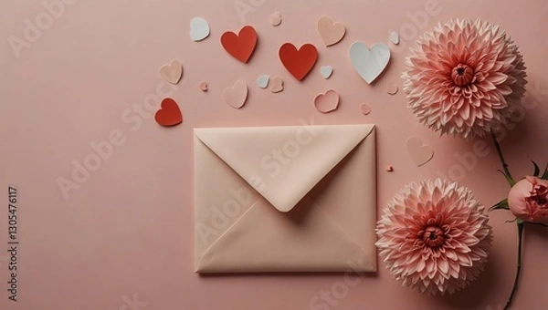 Fototapeta Romantic Flat Lay with Pink Flowers, Envelope, and Hearts on a Soft Pink Background


