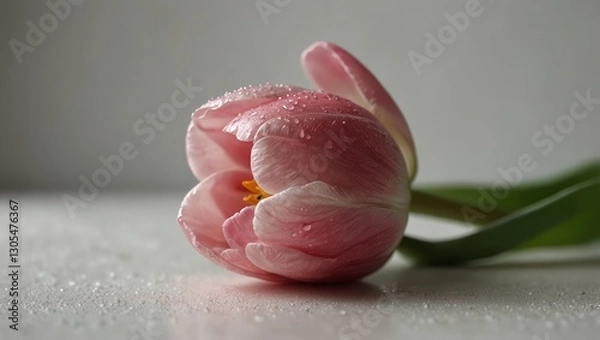 Fototapeta Minimalist Composition Featuring a Single Pink Tulip on White

