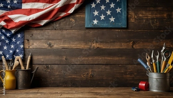 Fototapeta Rustic Wooden Surface with American Flag, Construction Tools, and Blank Chalkboard for Custom Messages

