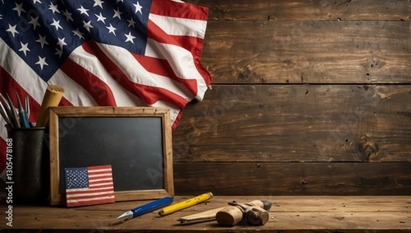 Fototapeta Patriotic Worksite Scene Featuring Tools, Flag, and Central Chalkboard for Personalization

