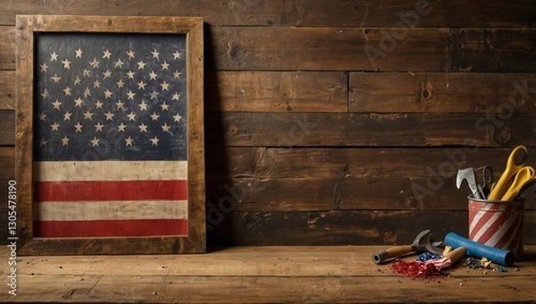 Fototapeta American Flag and Scattered Tools on Wood with Empty Chalkboard for Custom Text

