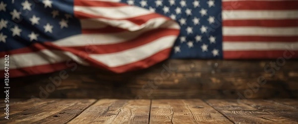 Fototapeta Rustic Workshop Background with Stars & Stripes and Chalkboard Message Space

