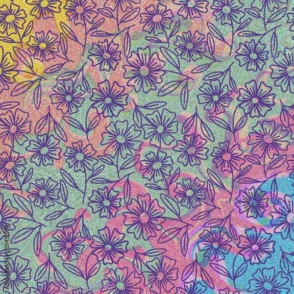 Fototapeta Seamless many flowers on colorful background pattern 