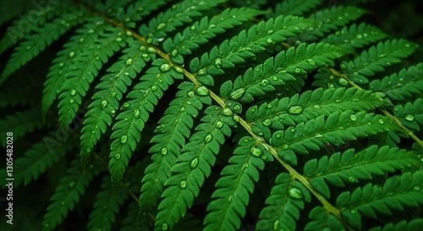 Fototapeta Close-up Fern Leaf with Water Droplets Displaying Natural Freshness and Tranquility