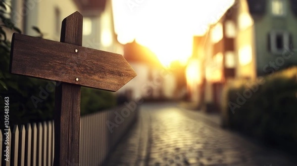 Fototapeta Wooden signpost directing towards a sunlit street lined with charming houses and greenery