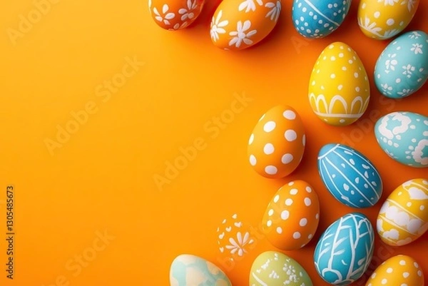 Fototapeta Decorated Easter eggs with floral patterns on an orange background. AI generated image