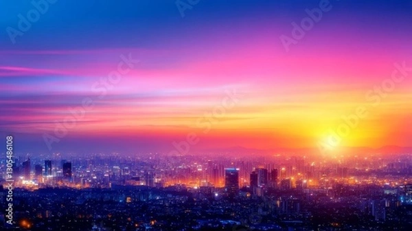 Fototapeta Colorful sunset over a vibrant city skyline with glowing light and distant mountains