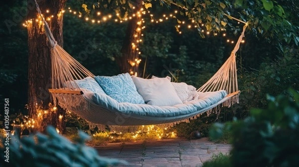 Fototapeta Serene Evening Hammock Scene: Relaxing under fairy lights in a tranquil garden setting.