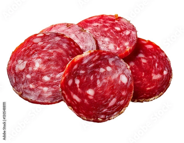 Fototapeta Close-up of Saucisson Sec Slices Isolated on White Transparent Background. Concept of Fresh Food.


